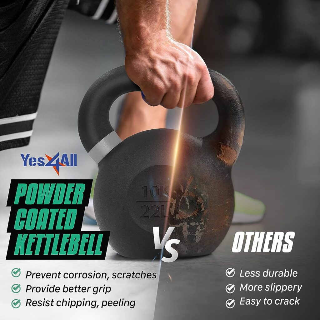 Yes4All Powder Coated Kettlebell Weights with Wide Handles  Flat Bottoms Cast Iron Kettlebells for Strength, Conditioning  Cross-Training