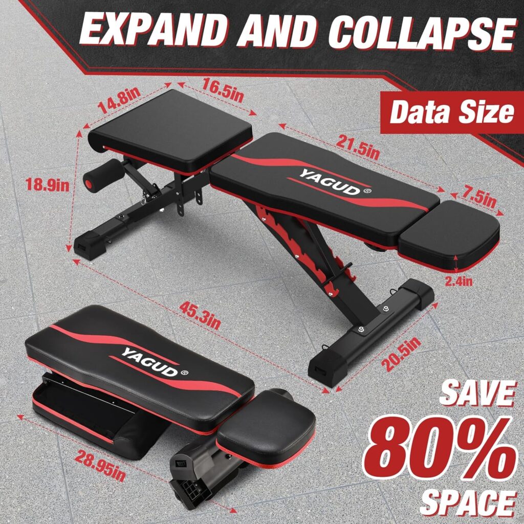Yagud Weight Bench Press, Adjustable Workout Benches for Home Gym Dumbbell Exercise, 800 LB Stable Incline Decline Bench for Full Body Workout, 2 Sec Fast Folding Strength Training Sit up Bench