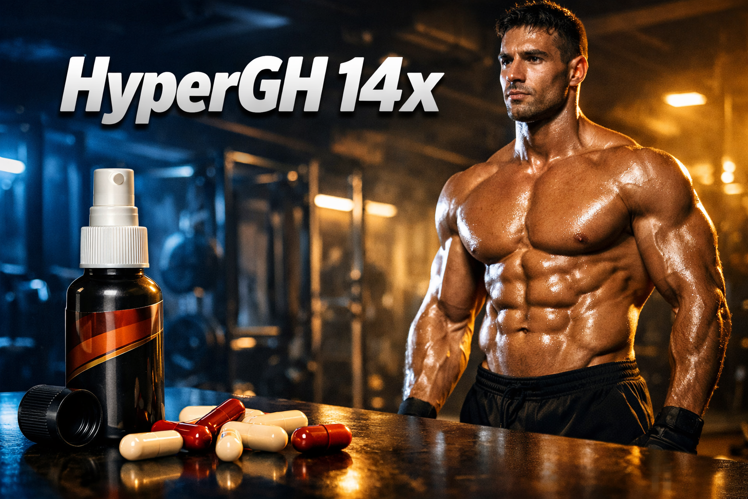 HyperGH 14x image with bold text overlay 'HyperGH 14x' in extra large 72pt white bold sans-serif font with dark drop shadow, centered upper third. Background shows a powerful, athletic male physique in a modern gym setting, dramatic lighting with blue and gold color accents, supplement capsules and spray bottle artistically arranged in foreground, deep navy and gold color scheme, magazine cover aesthetic, editorial quality, high contrast, motivational fitness theme: HyperGH 14X