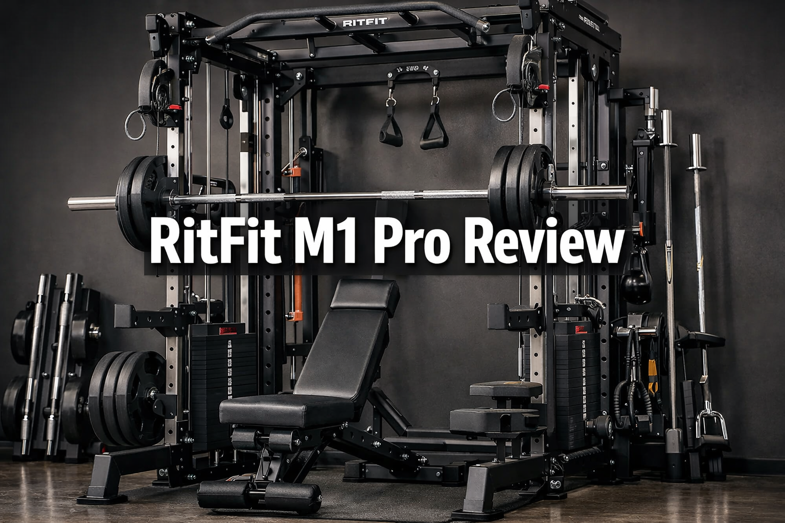 RitFit M1 Pro Review Professional hero image for 'RitFit M1 Pro Review' with bold text overlay 'RitFit M1 Pro Review' in extra large 70pt white sans-serif font with dark shadow, centered. Background shows RitFit M1 Pro Smith Machine Package product interface and key features including the heavy-duty steel frame, cable crossover system, and integrated Smith machine bar. Magazine cover quality, editorial style.