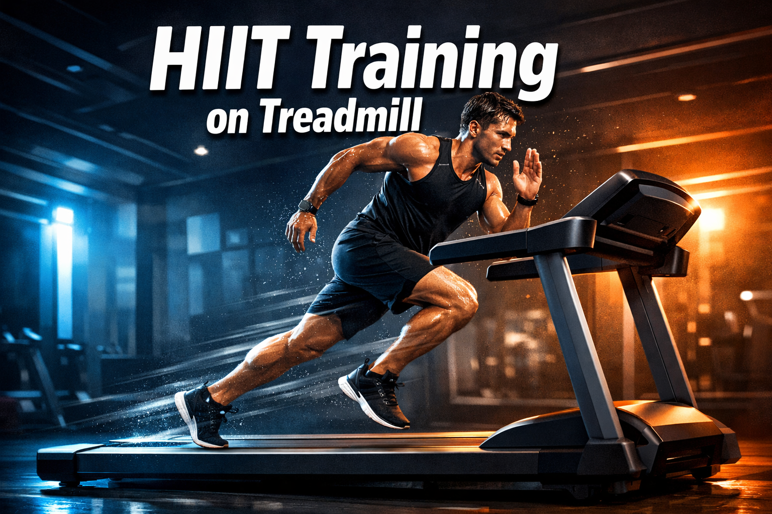 Hiit Training on Treadmill image with bold text overlay: 'HIIT Training on Treadmill' in extra large 72pt white bold sans-serif font with dark drop shadow, centered upper-third composition. Background shows a fit athlete mid-sprint on a modern treadmill in a sleek gym environment, motion blur on legs conveying speed and intensity, dramatic side lighting with blue and orange accent tones, sweat visible, determined expression. Color palette: deep charcoal, electric blue, white. Magazine cover aesthetic, editorial quality, high contrast. Hiit Training on Treadmill